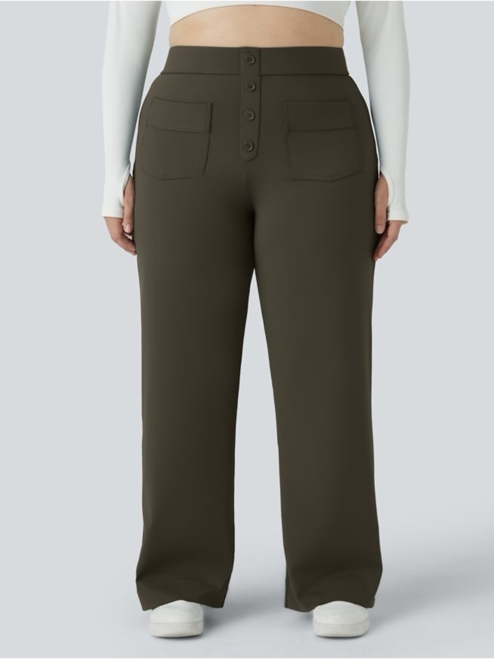 HALARA Olive High-Rise Wide-Leg Pants with Front Button Detail